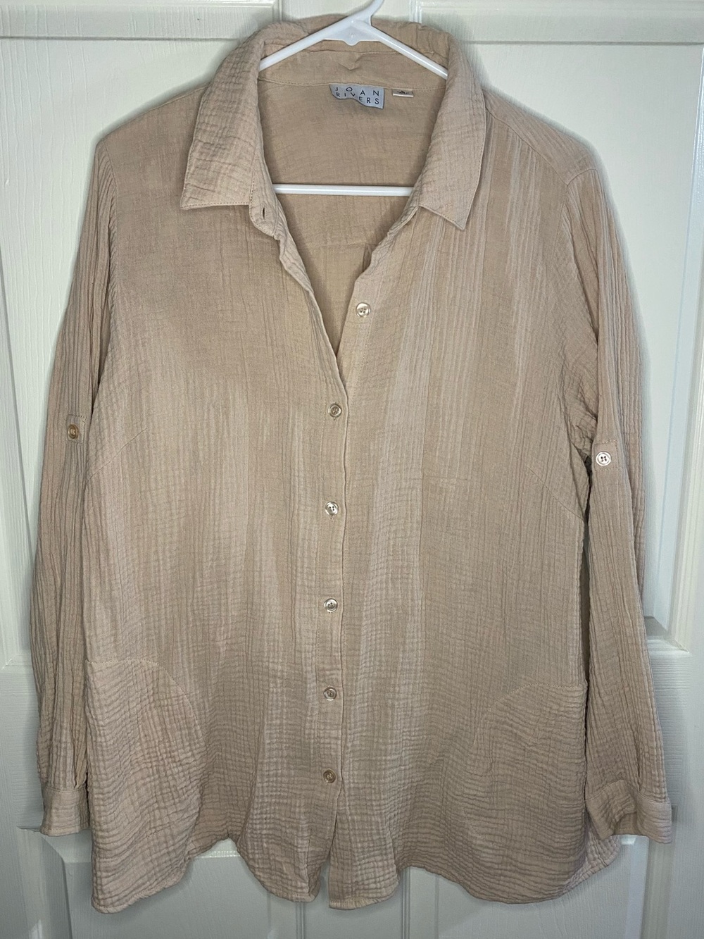 Joan Rivers Neutral Taupe Button-Down Boyfriend Shirt, Women’s, Cotton Beige Top